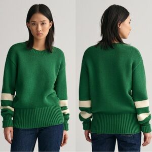 Gant Green Crew Neck Sweater with Cream Stripes